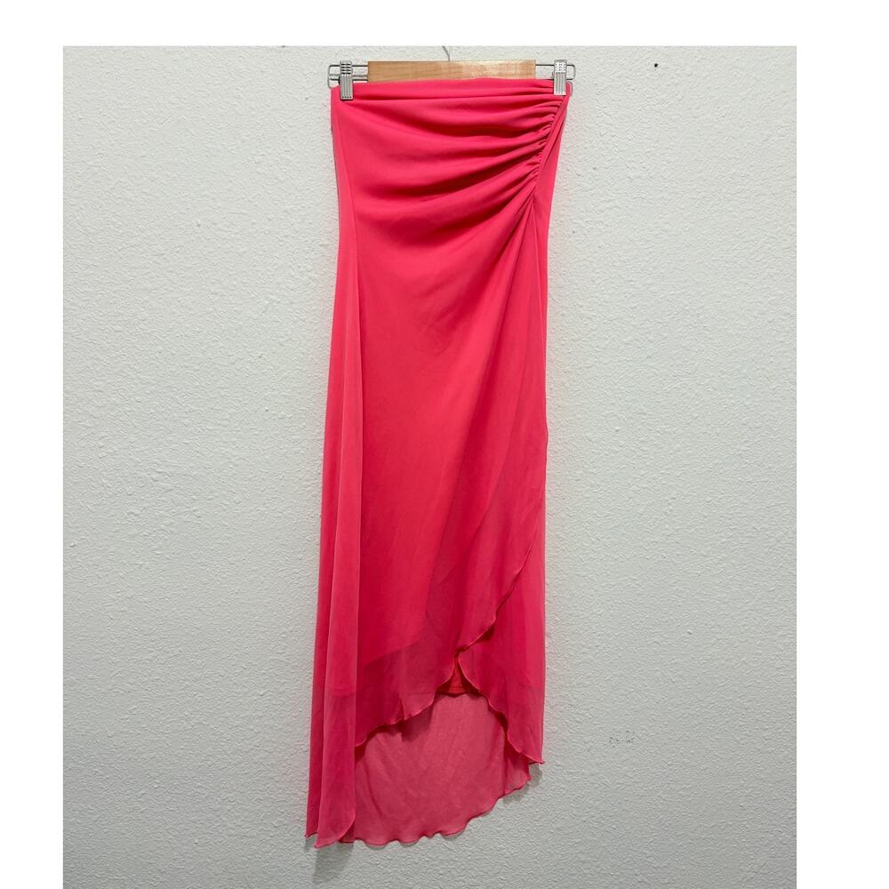 Vintage Y2K Hot Pink Midi Dress Asymmetrical Hem Strapless Ruched Small High Low